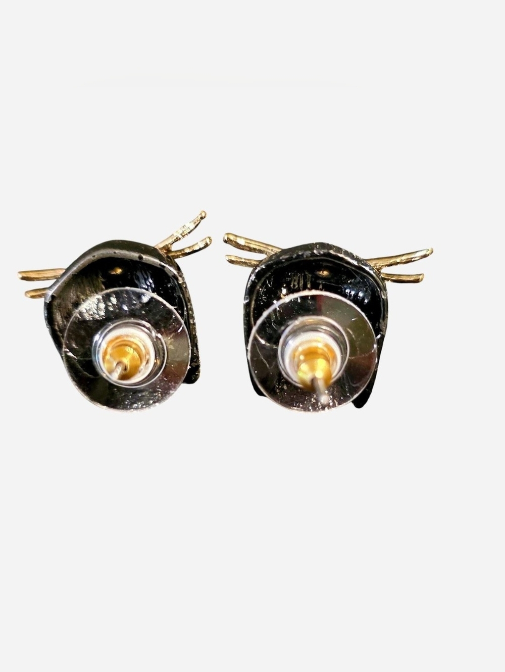 Vintage Betsey Johnson Black Cat Face Stud Earrings w/Gold Whiskers & Pink Nose - Picture 5 of 7